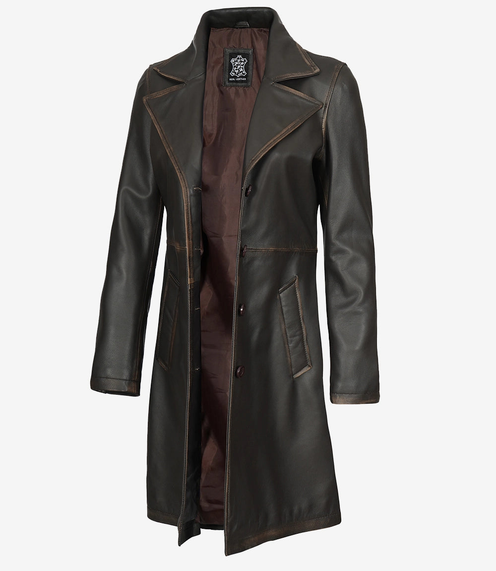 Women's Distressed Brown 3/4 Length Leather Coat