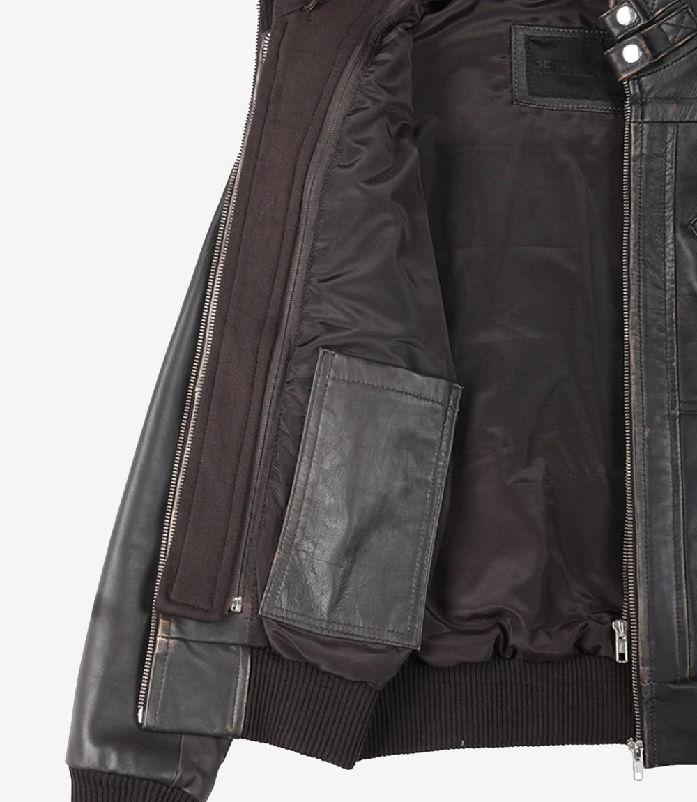 Womens Rub Off Brown Hooded Bomber Leather Jacket