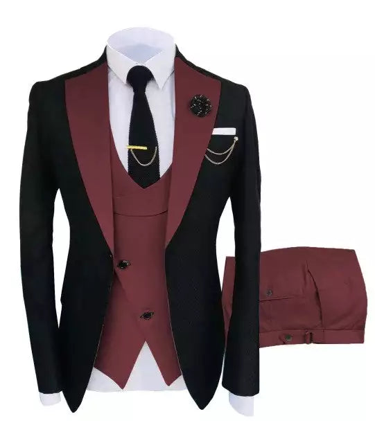 Men's Slim Fit 3-Piece Black & Burgundy Tuxedo