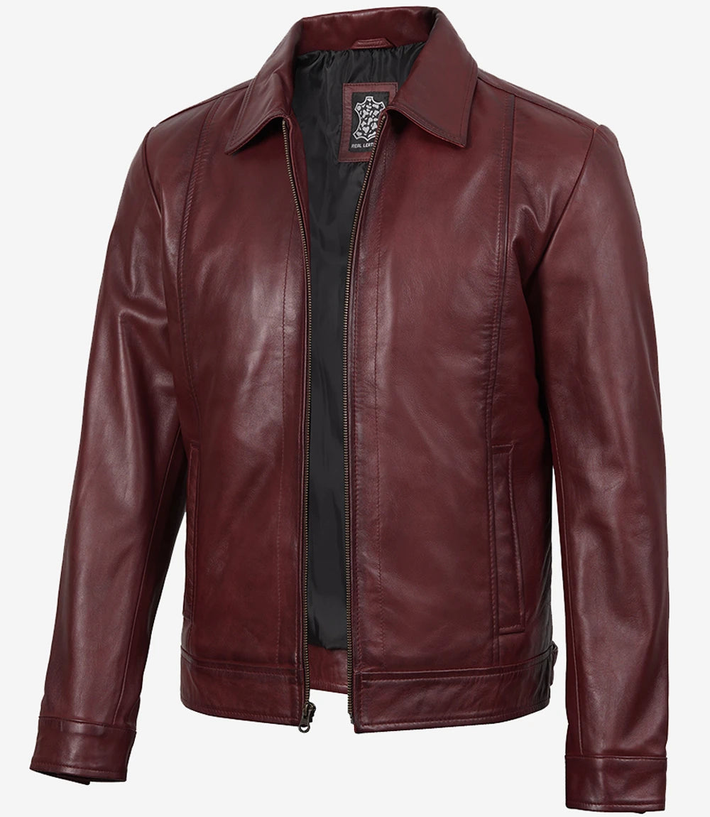 Mens Classic Shirt Collar Maroon Leather Jacket