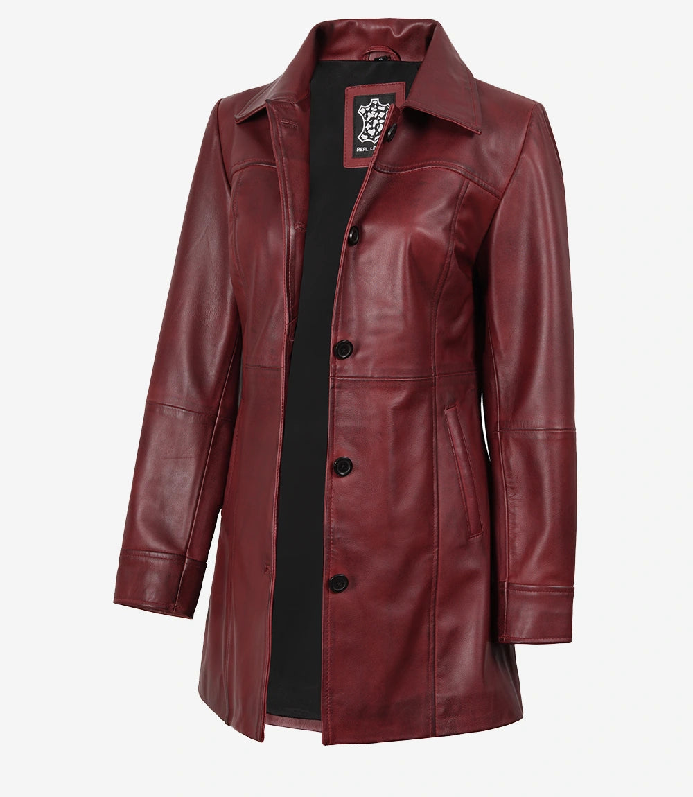 Womens Real Leather Maroon Coat