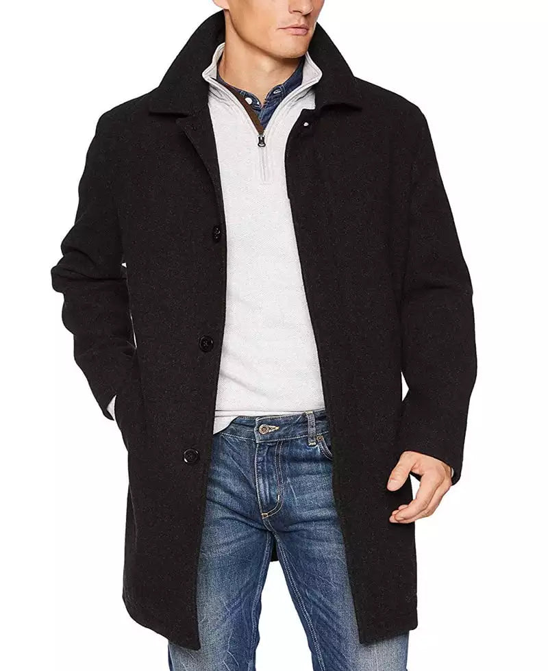 Mens Single Breasted Long Black Wool Coat