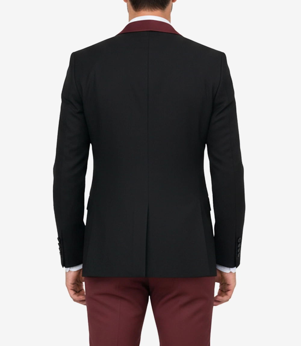 Men's Slim Fit 3-Piece Black & Burgundy Tuxedo
