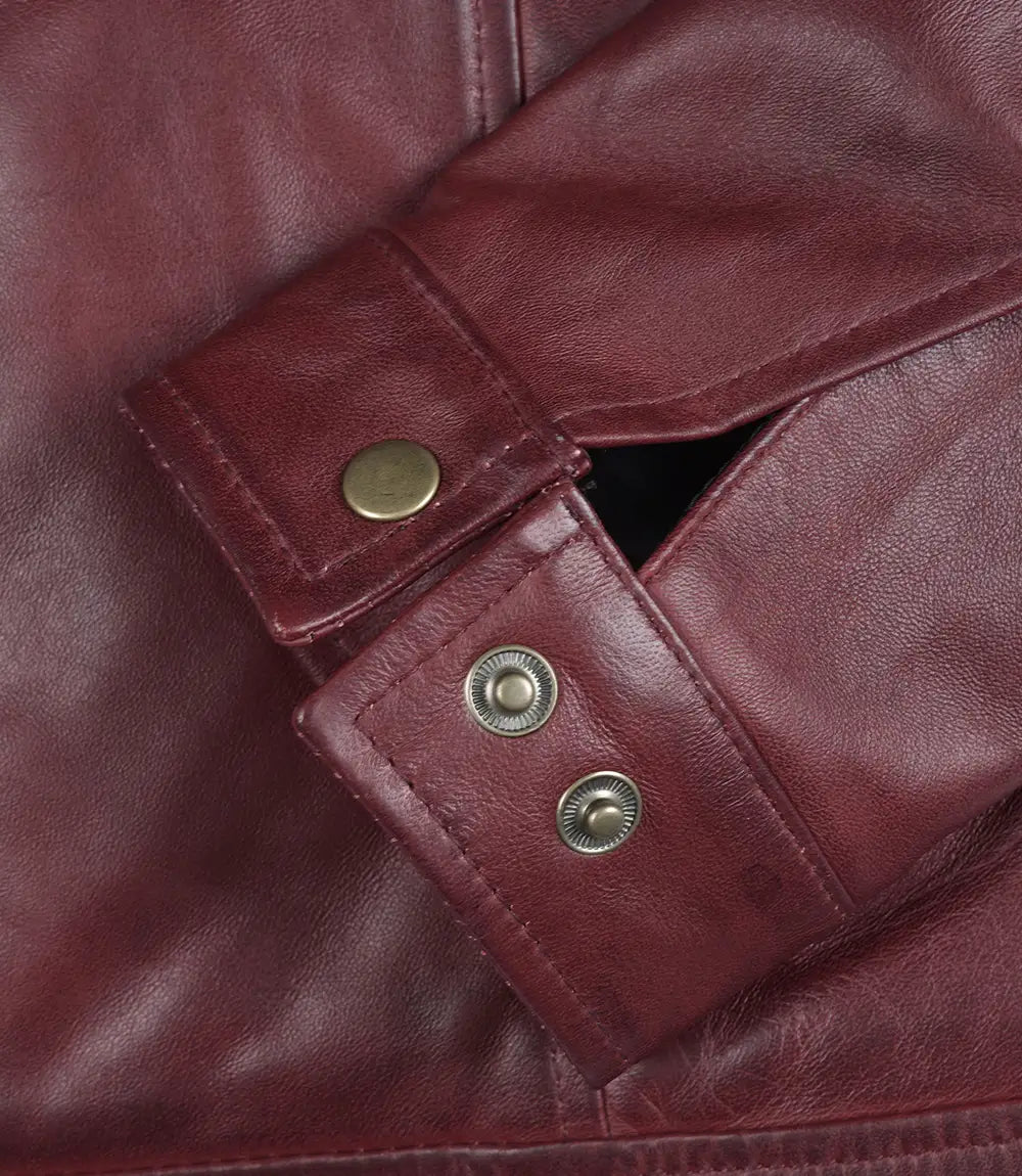 Mens Classic Shirt Collar Maroon Leather Jacket