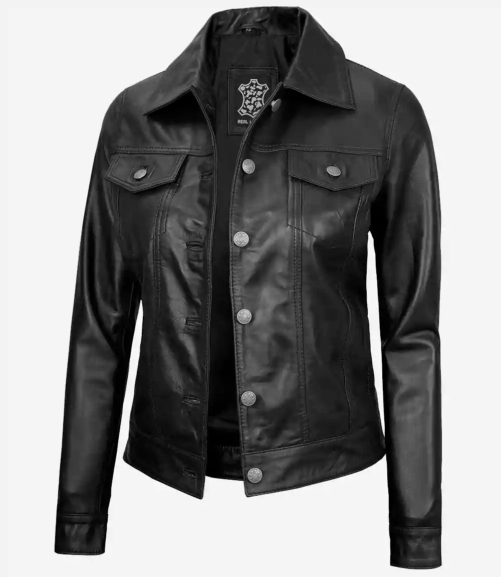 Womens Black Leather Trucker Jacket