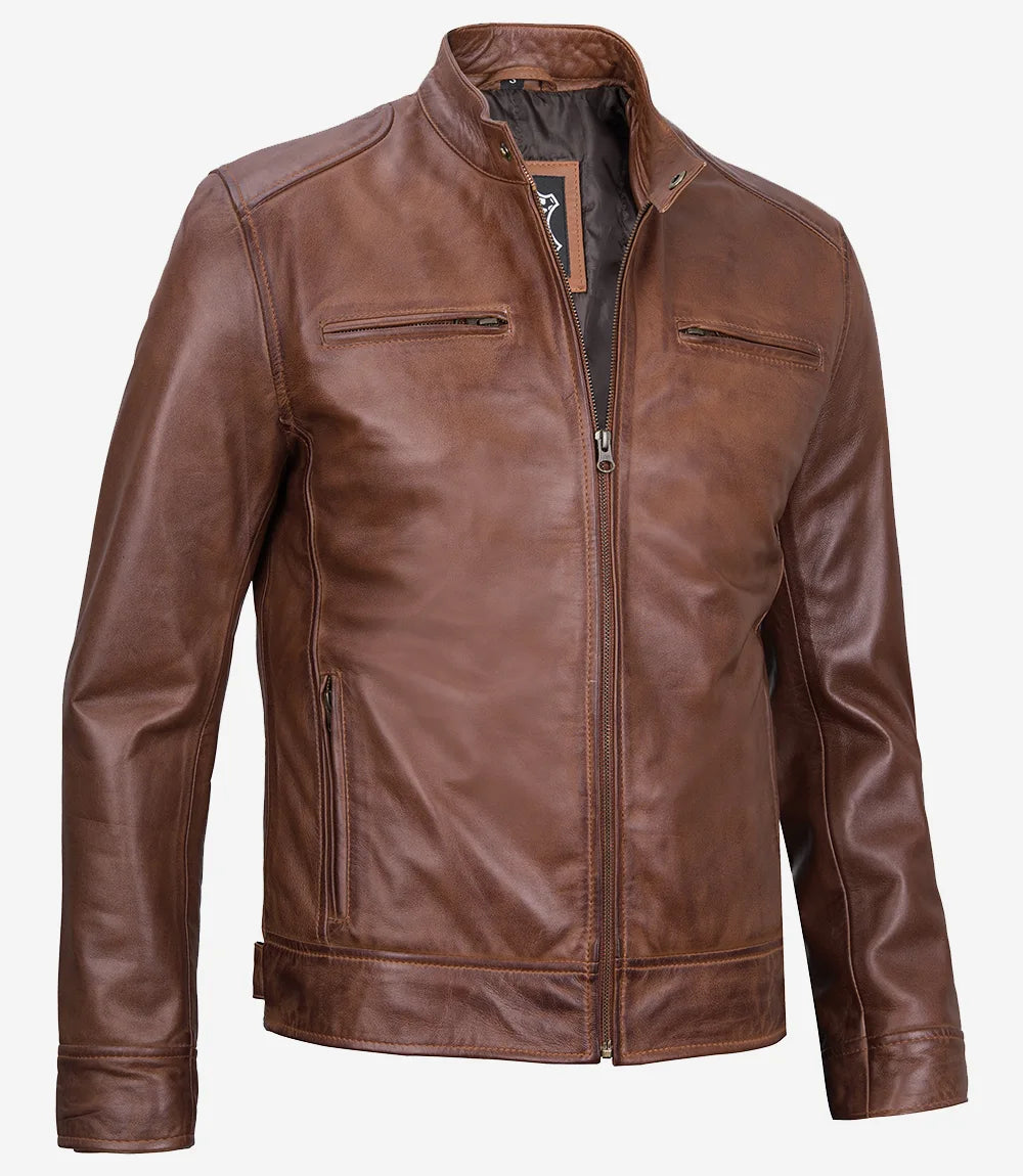 Mens Tall Cognac Leather Biker Style Jacket