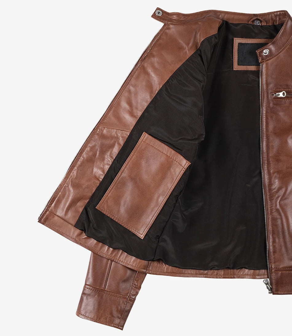 Womens Cognac Real Leather Moto Jacket