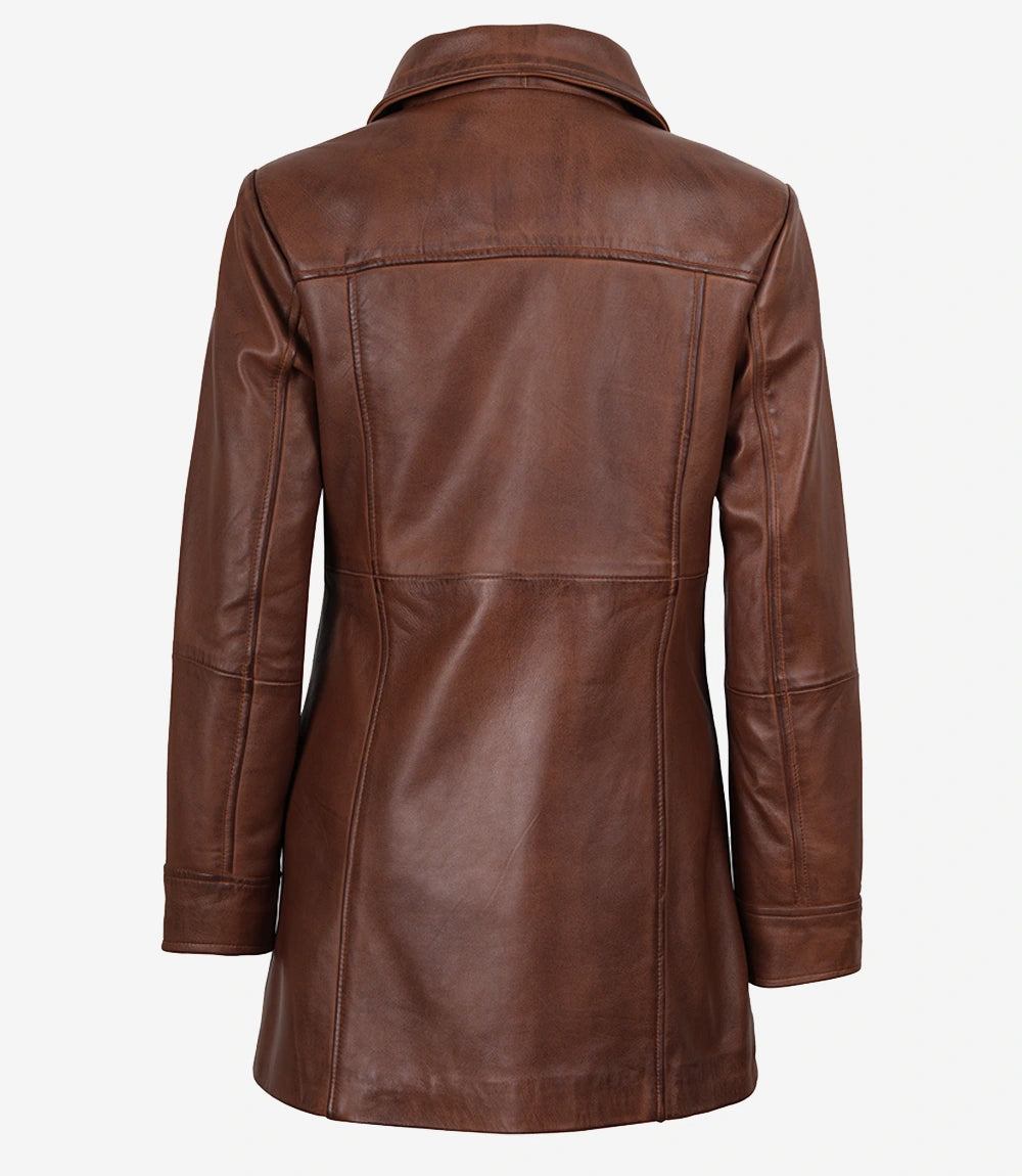 Womens Cognac 3 4 Length Leather Coat