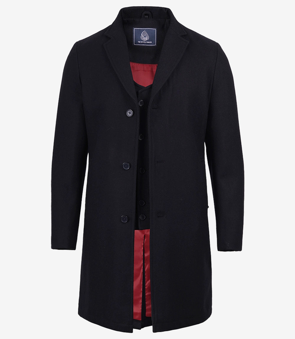 Men's Blue Wool Coat – 3/4 Length Warm Winter Overcoat