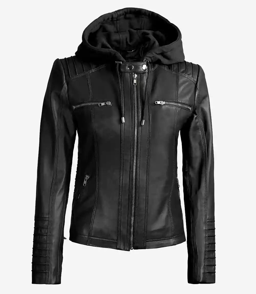 Womens Tall Black Leather Jacket With Hood
