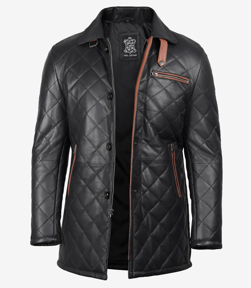 Black Quilted Leather Coat With Brown Detailing