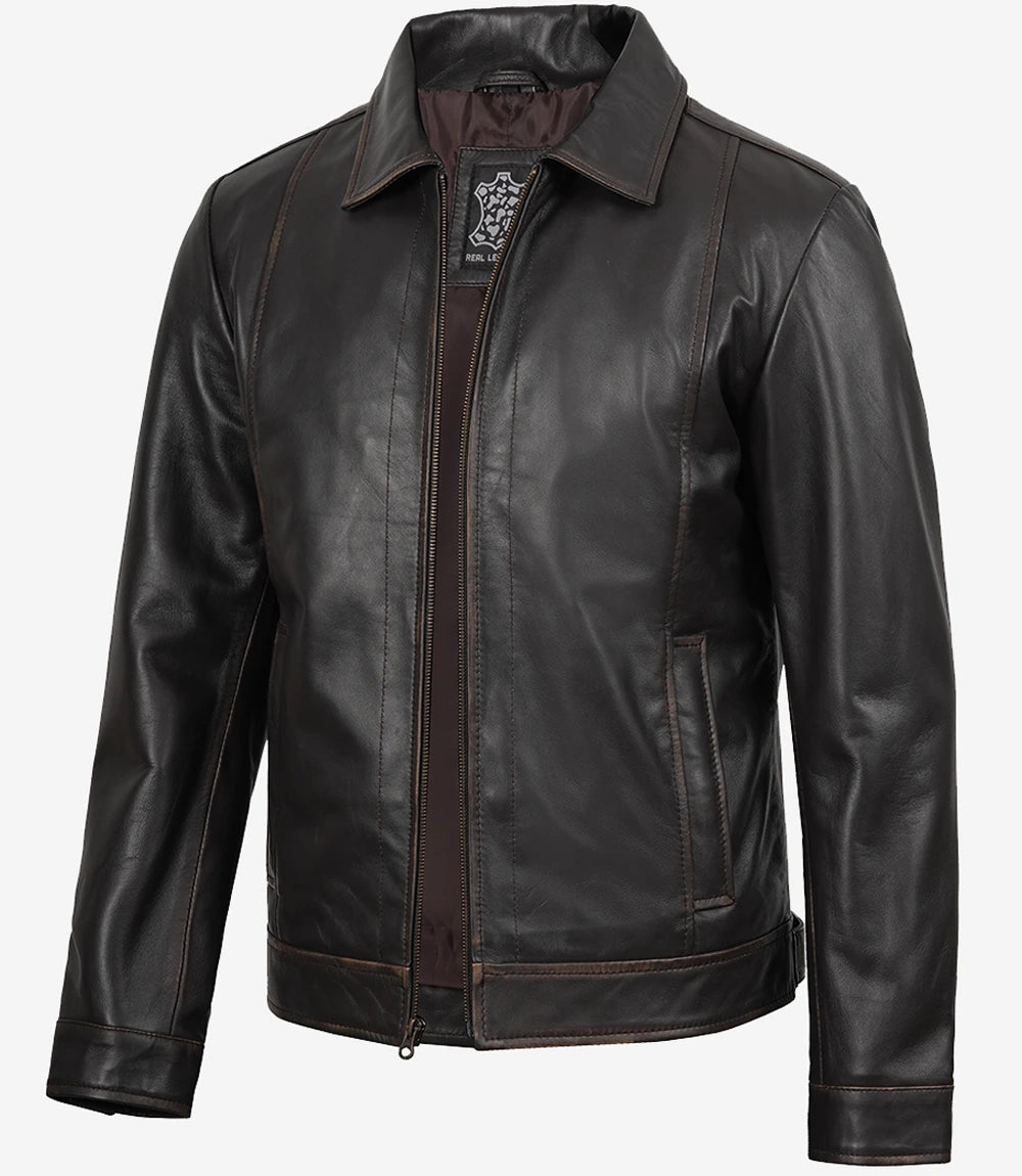 Mens Shirt Collar Vintage Brown Leather Jacket