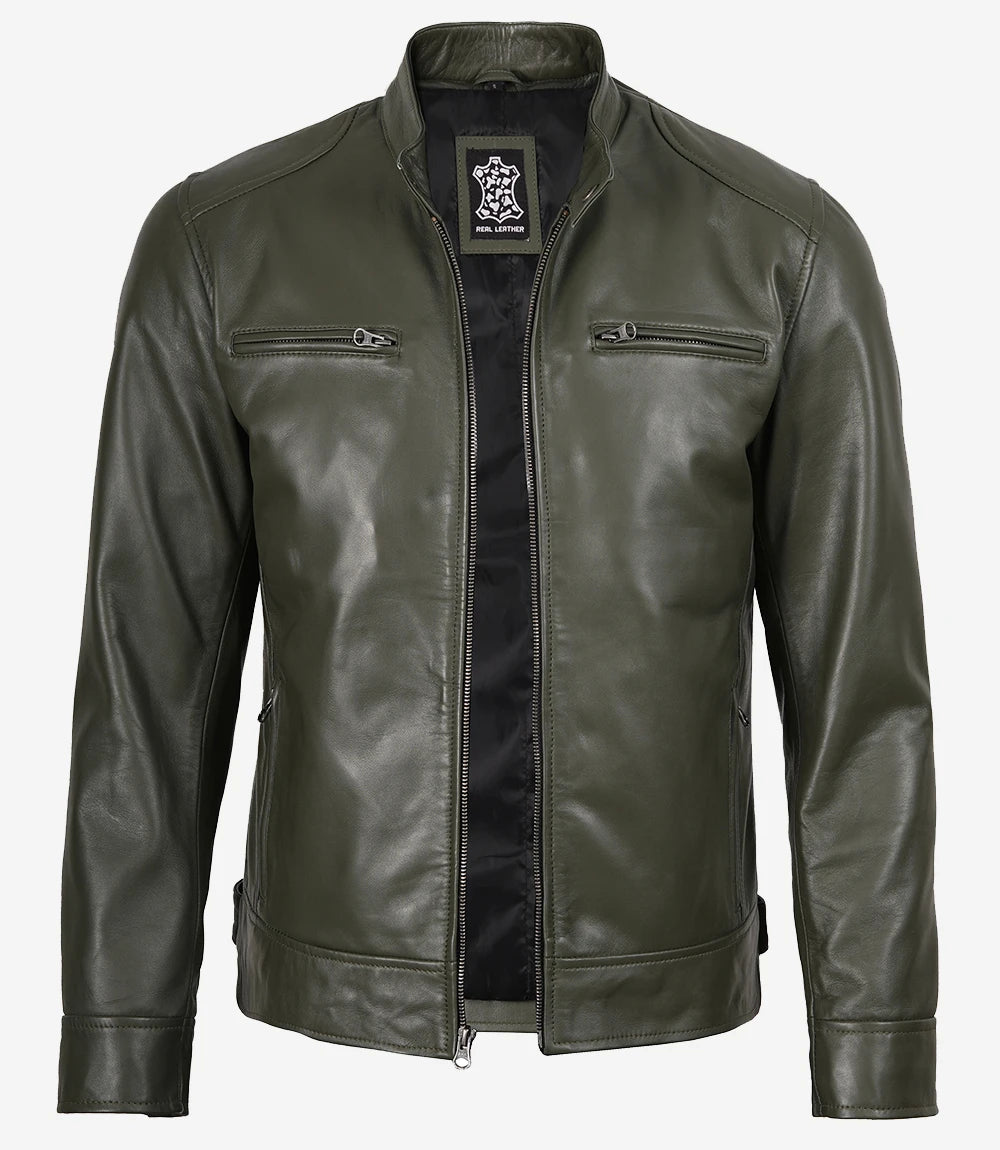 Dodge Olive Green Biker Style Leather Jacket for Men