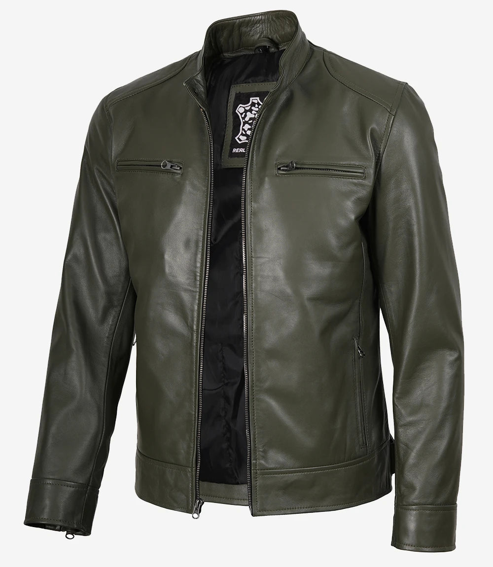 Dodge Olive Green Biker Style Leather Jacket for Men