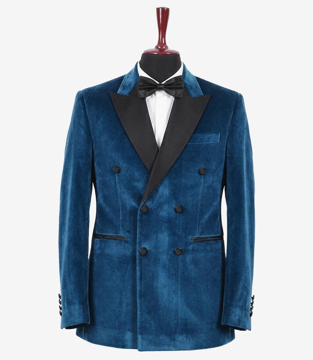 Men’s Teal Blue Velvet Double-Breasted Tuxedo Jacket — Peak Lapel