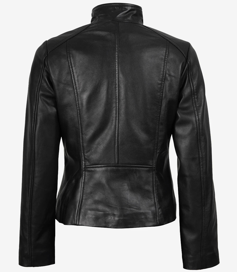 Arezoo Women's Black Real Leather Jacket with Asymmetrical Zip Closure