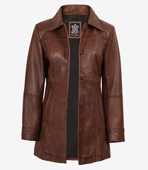 Womens Cognac 3 4 Length Leather Coat