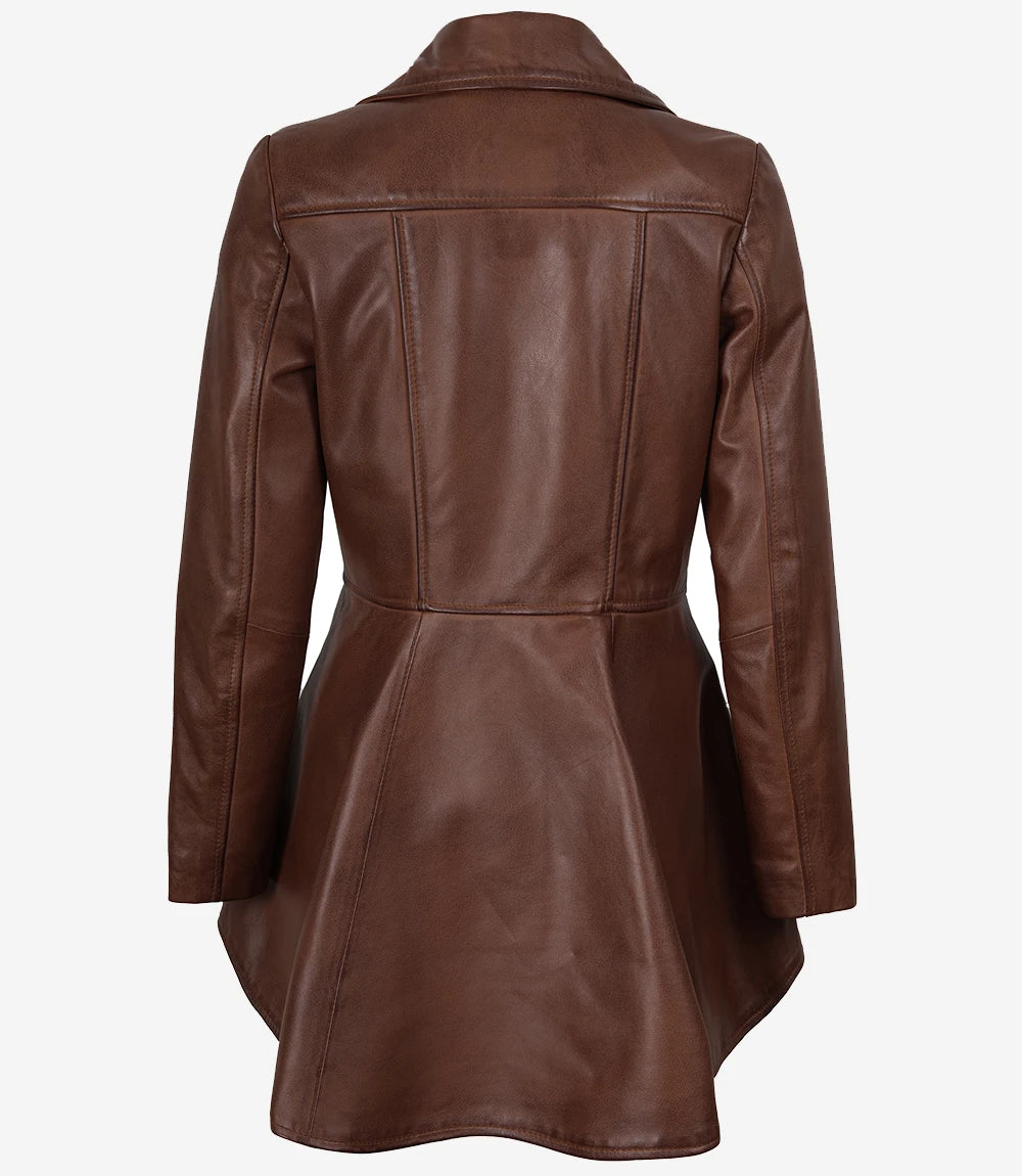 Womens Asymmetrical Cognac Peplum Leather Jacket