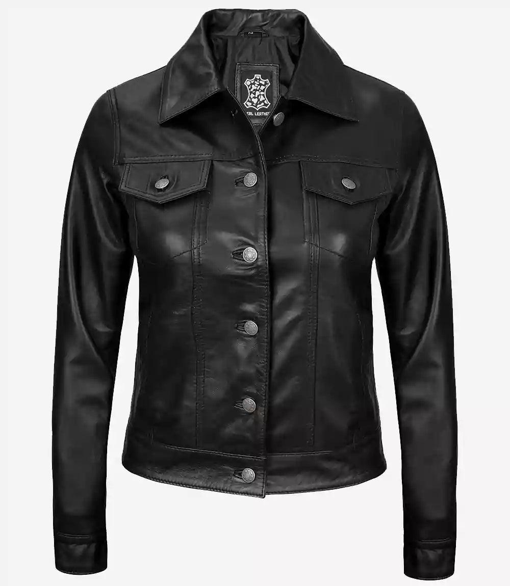 Womens Black Leather Trucker Jacket