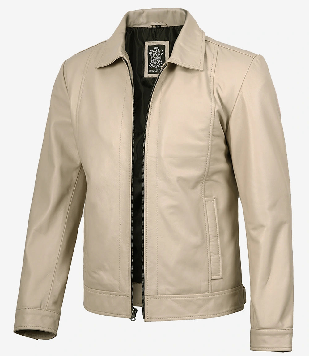 Mens Shirt Collar Beige Leather Jacket