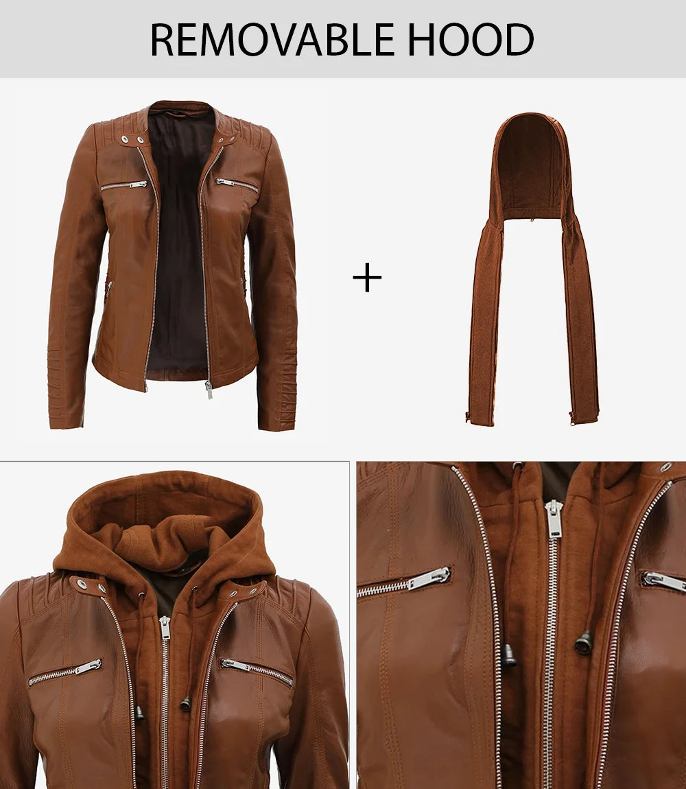 Womens Brown Hooded Leather Jacket