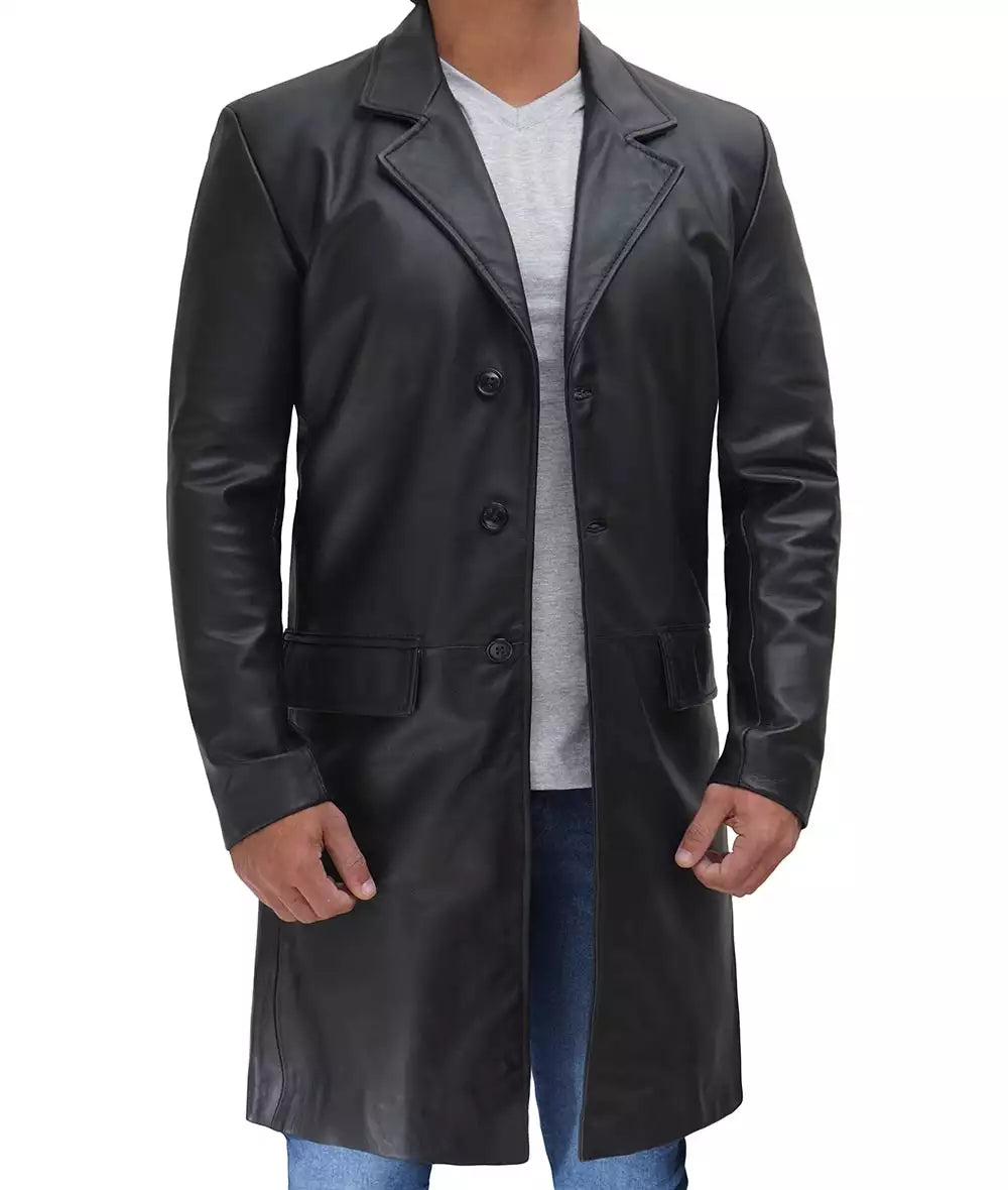 Mens Cowhide Black Long Leather Coat