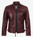 Men's Tall Real Leather Maroon Biker Style Jacket - Quilted Shoulder