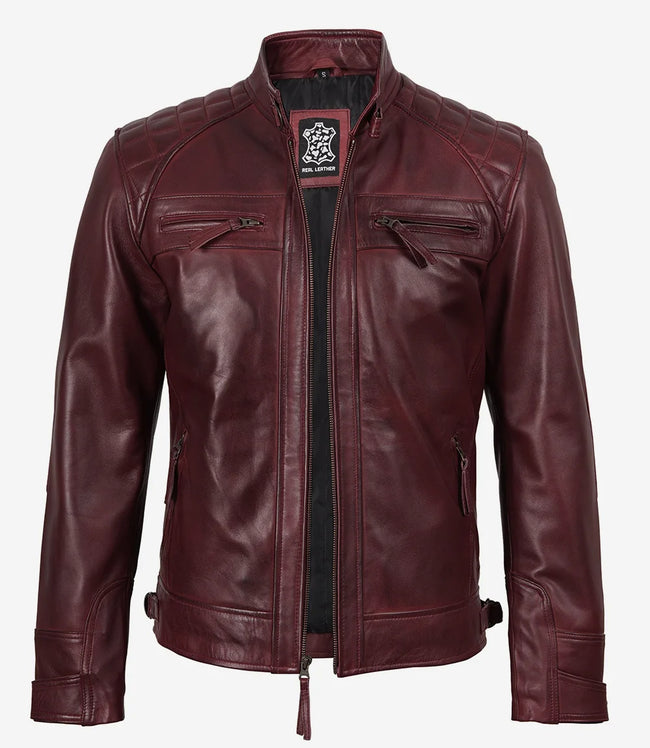 Men's Tall Real Leather Maroon Biker Style Jacket - Quilted Shoulder