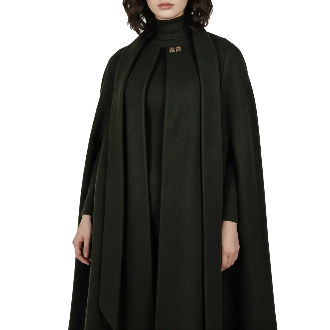 Marrie Women's Long Olive Green Wool Cape Coat - Olive Green - view 2