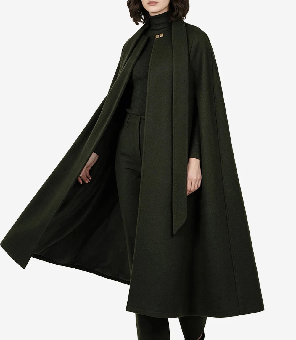 Marrie Women's Long Olive Green Wool Cape Coat - Olive Green