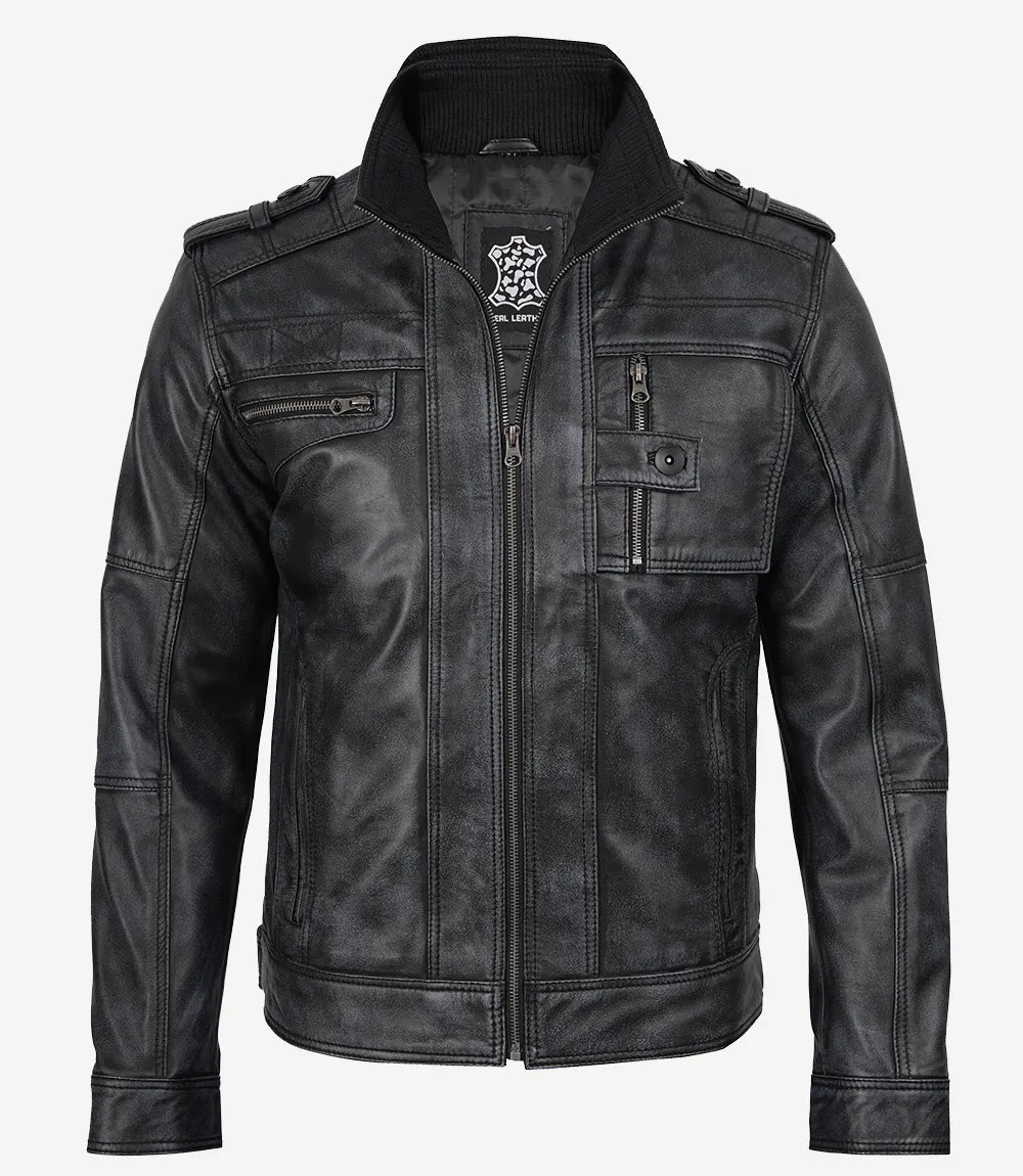 Men's Classic Black Leather Biker Style Jacket