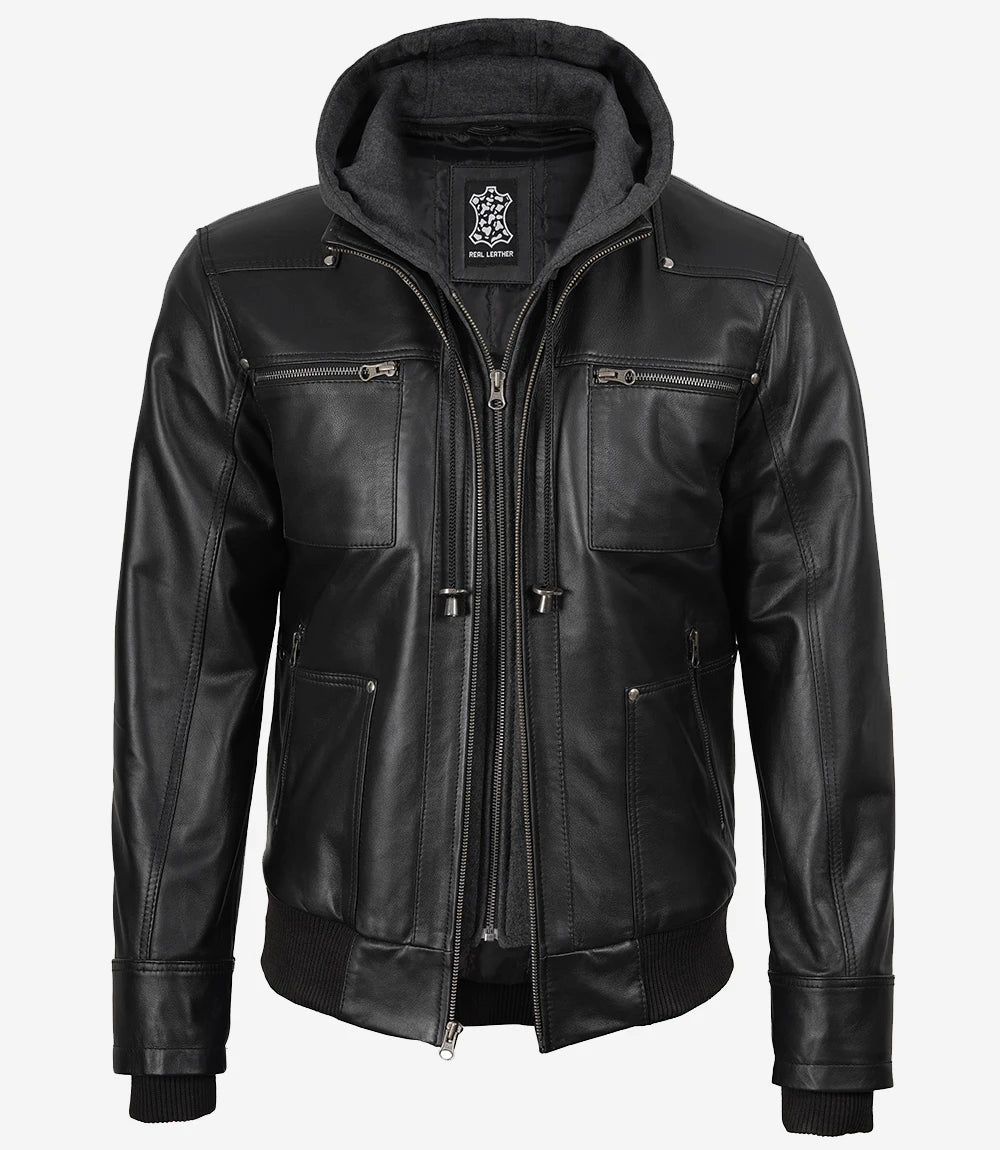 Men's Black Leather Bomber Jacket with Removable Hood