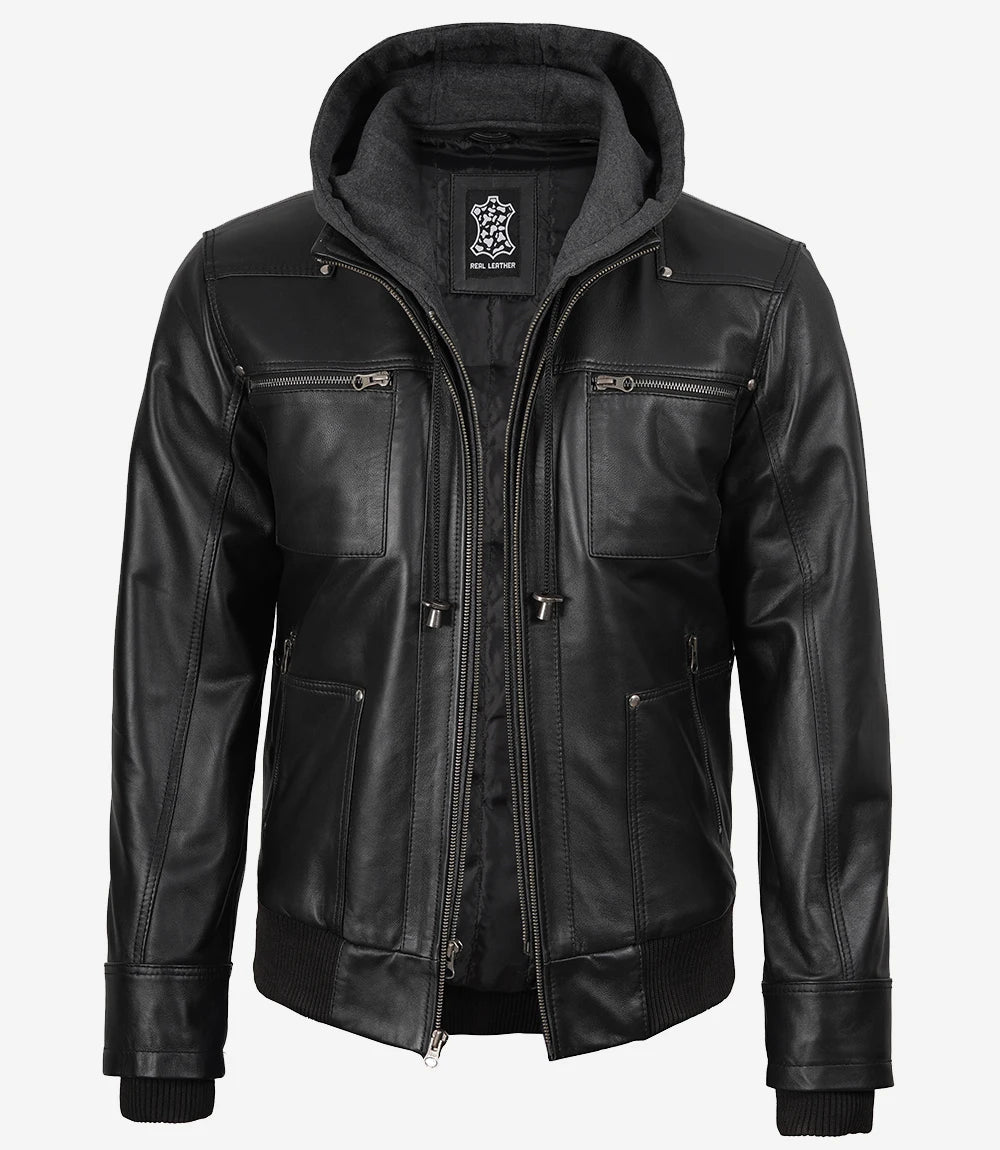 Men's Black Leather Bomber Jacket with Removable Hood