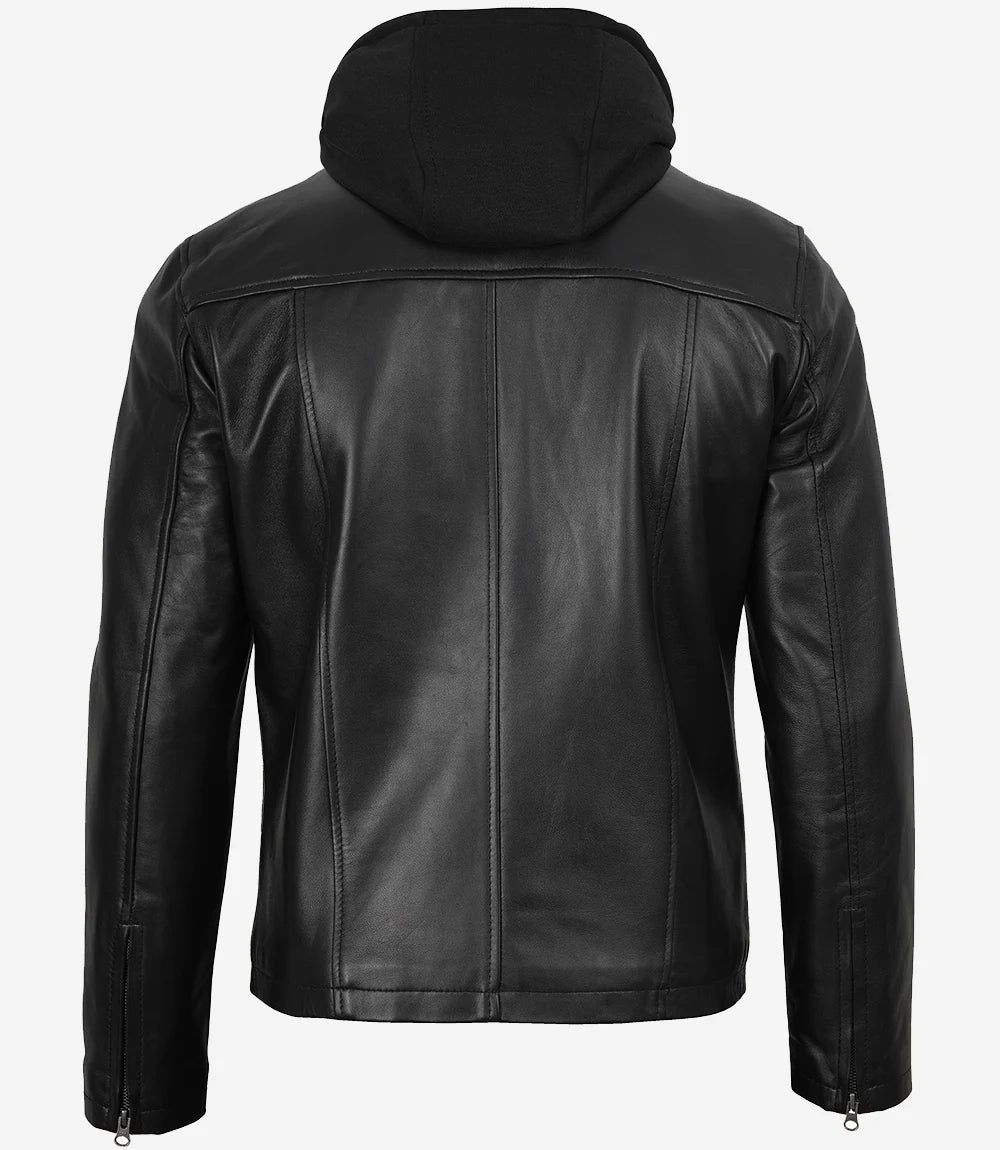 Men's Black Leather Jacket with Removable Hood