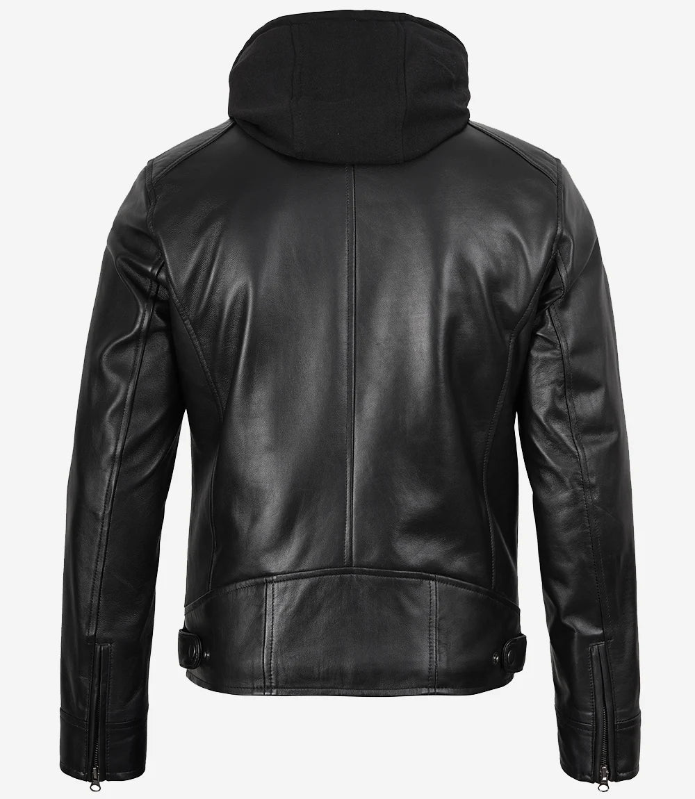 Men's Black Leather Jacket with Removable Hood