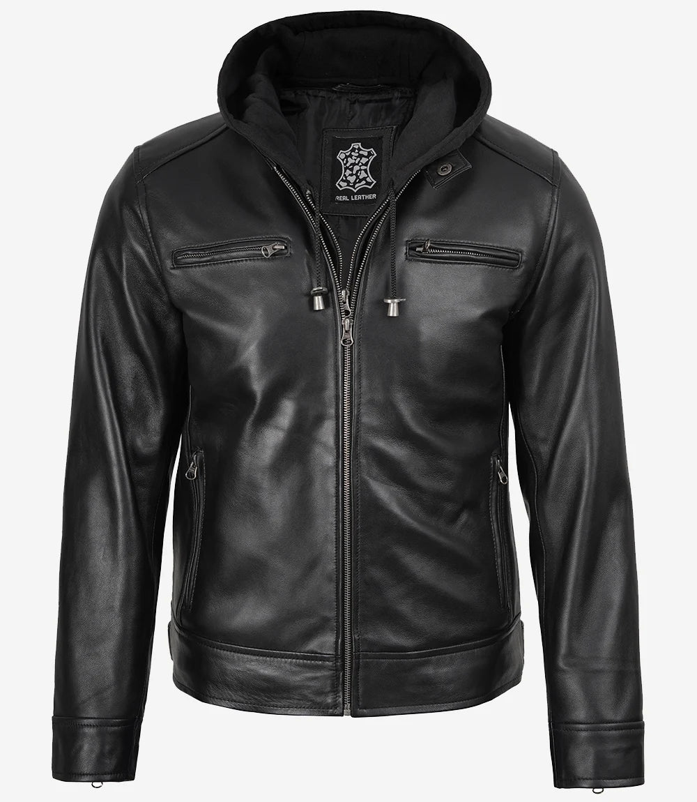 Men's Black Leather Jacket with Removable Hood
