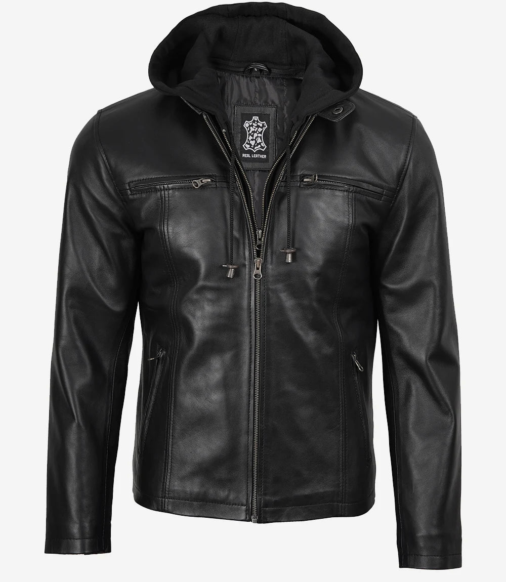 Men's Black Leather Jacket with Removable Hood