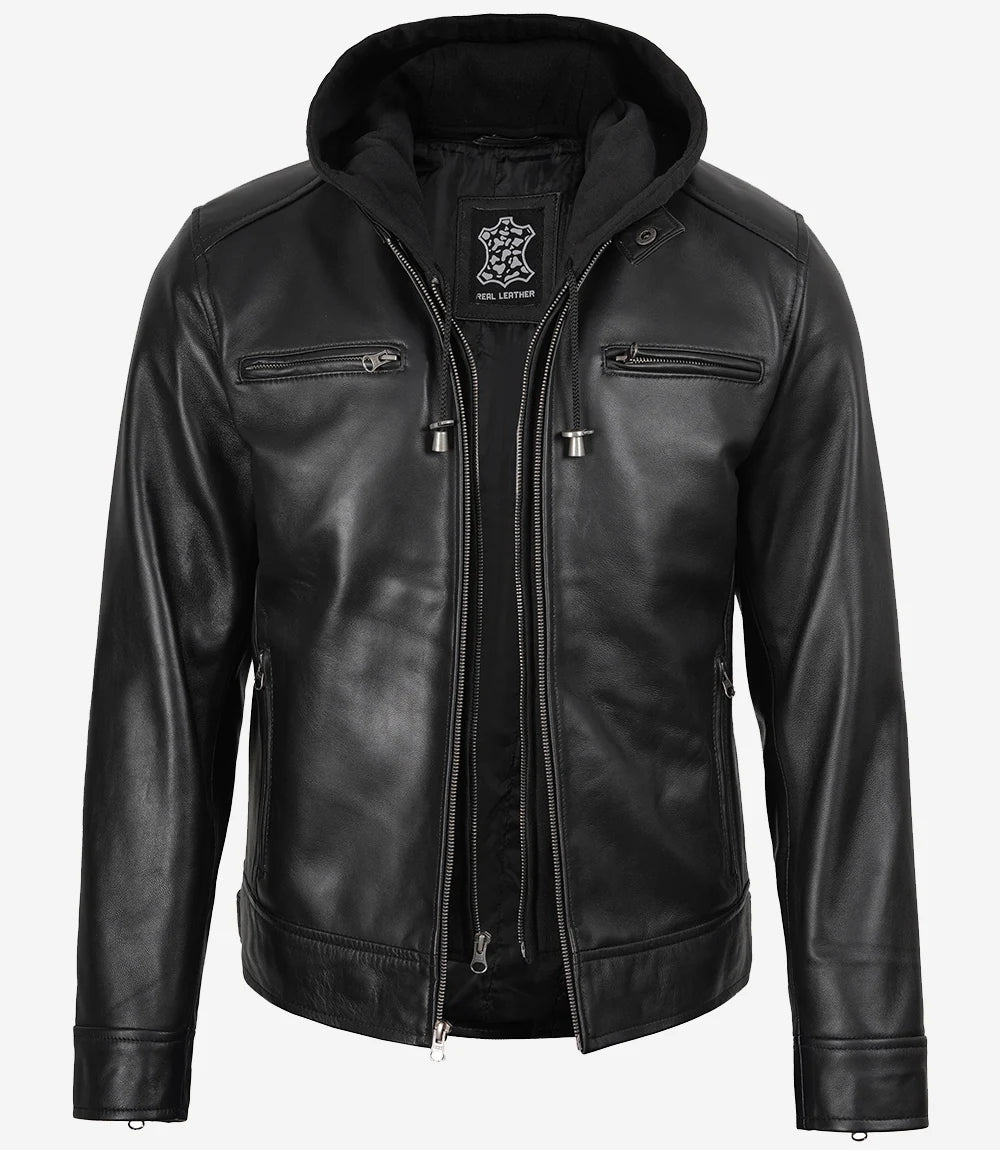 Men's Black Leather Jacket with Removable Hood