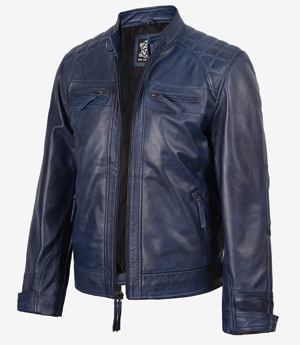 Mens Blue Waxed Quilted Shoulder Biker Style Leather Jacket