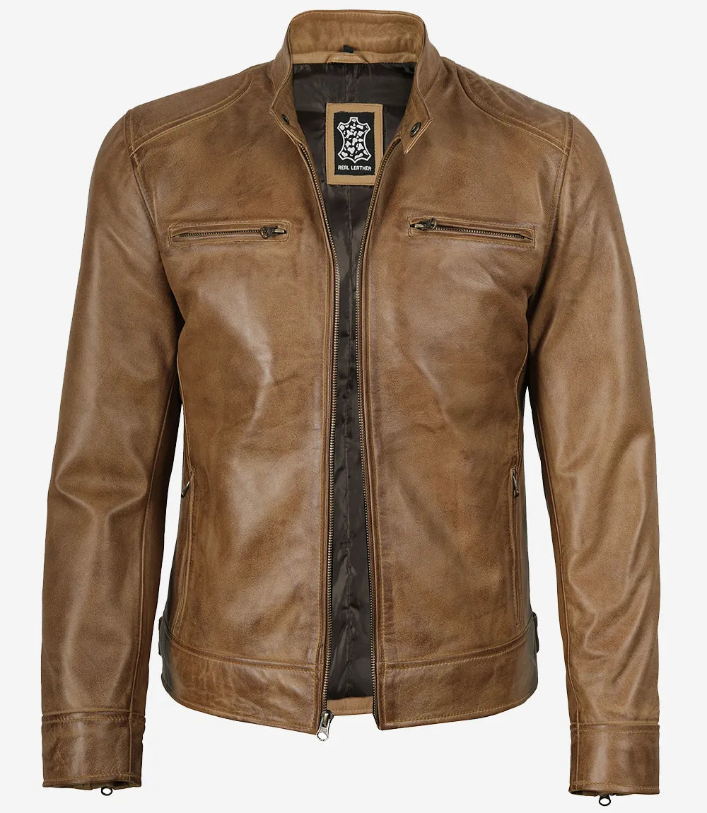 Mens Camel Brown Biker Style Leather Jacket