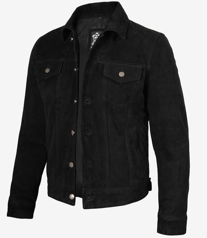 Mens Classic Black Suede Trucker Jacket