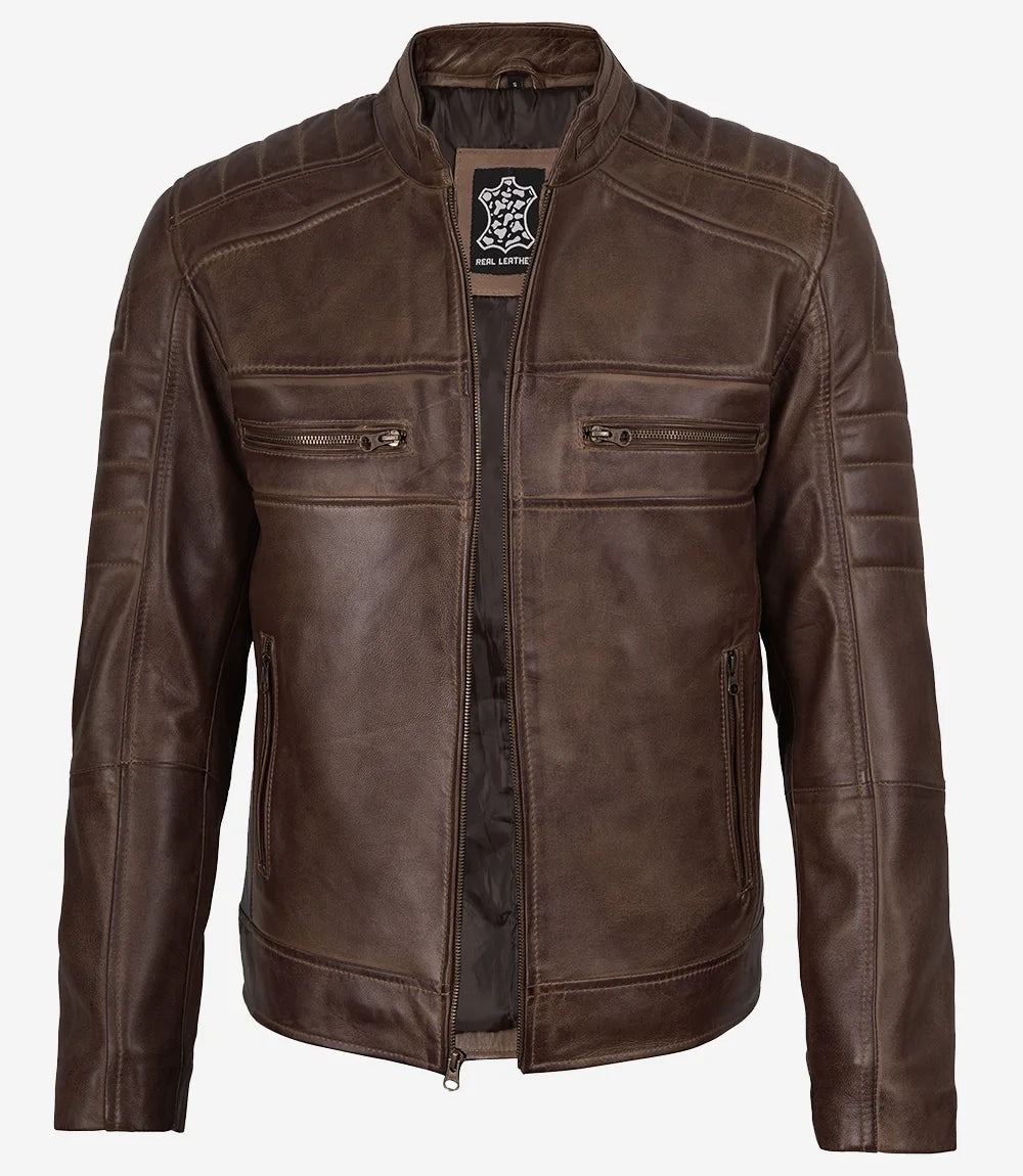 Men's Coffee Brown Distressed Leather Jacket - Biker Style