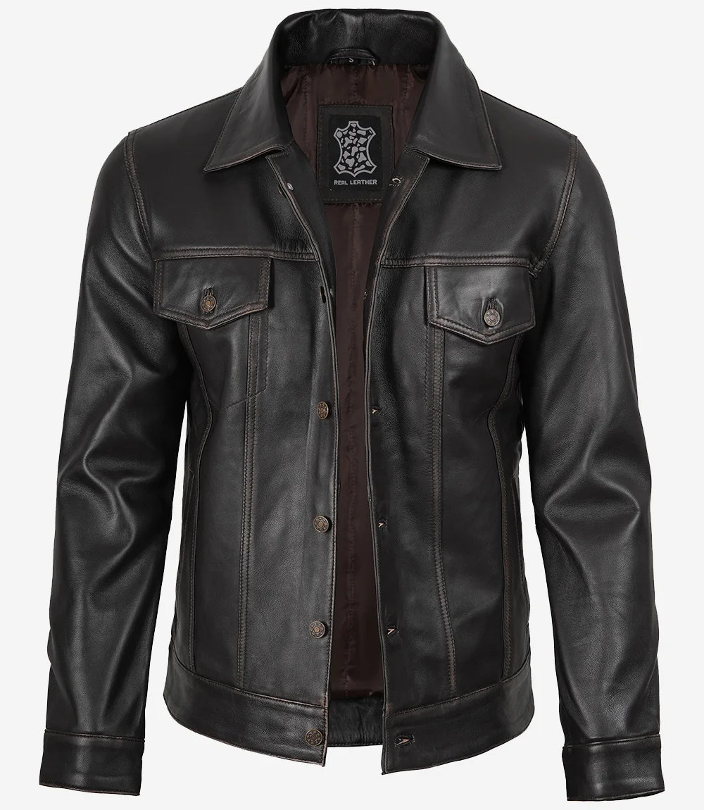 Men's Distressed Brown Leather Trucker Jacket