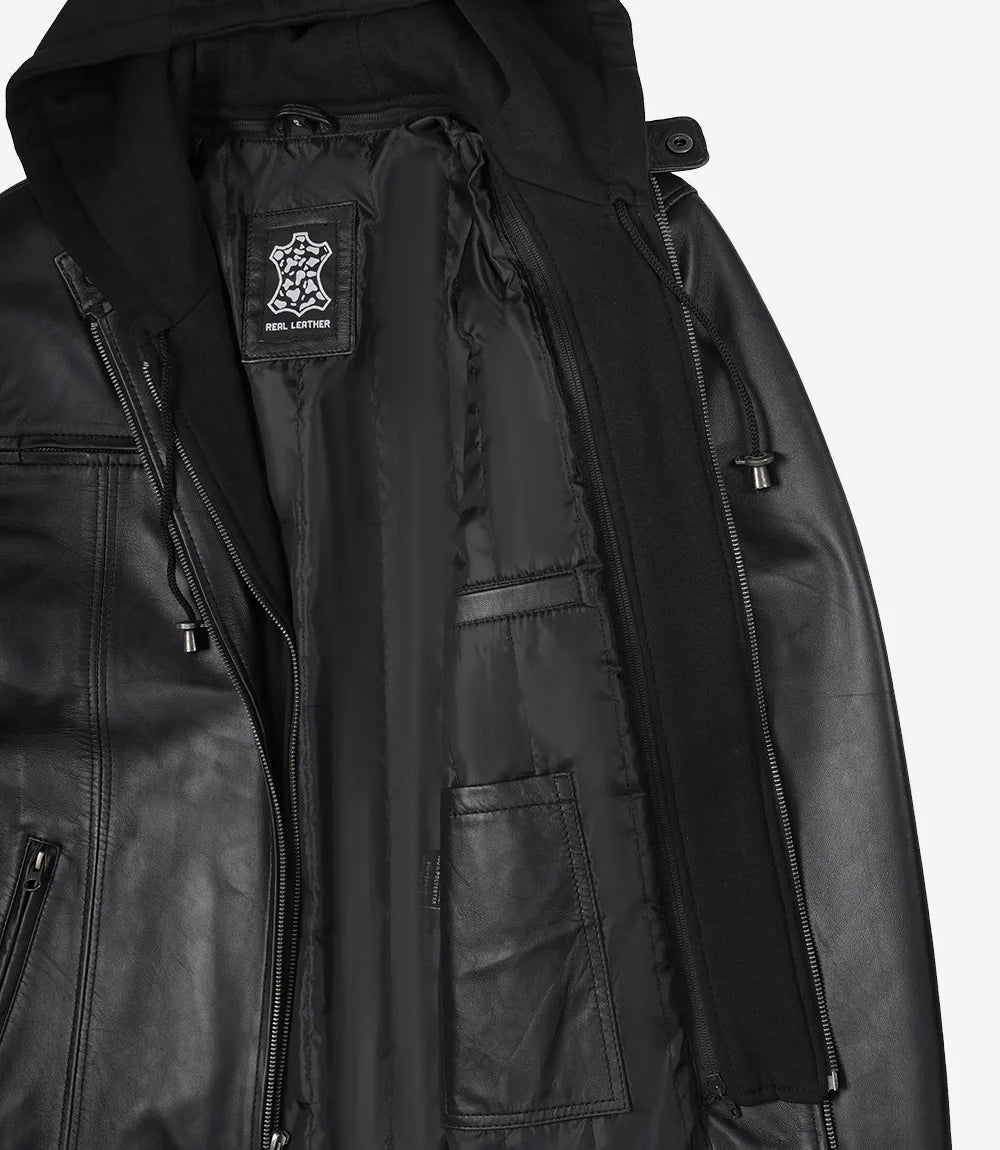 Men's Black Leather Jacket with Removable Hood