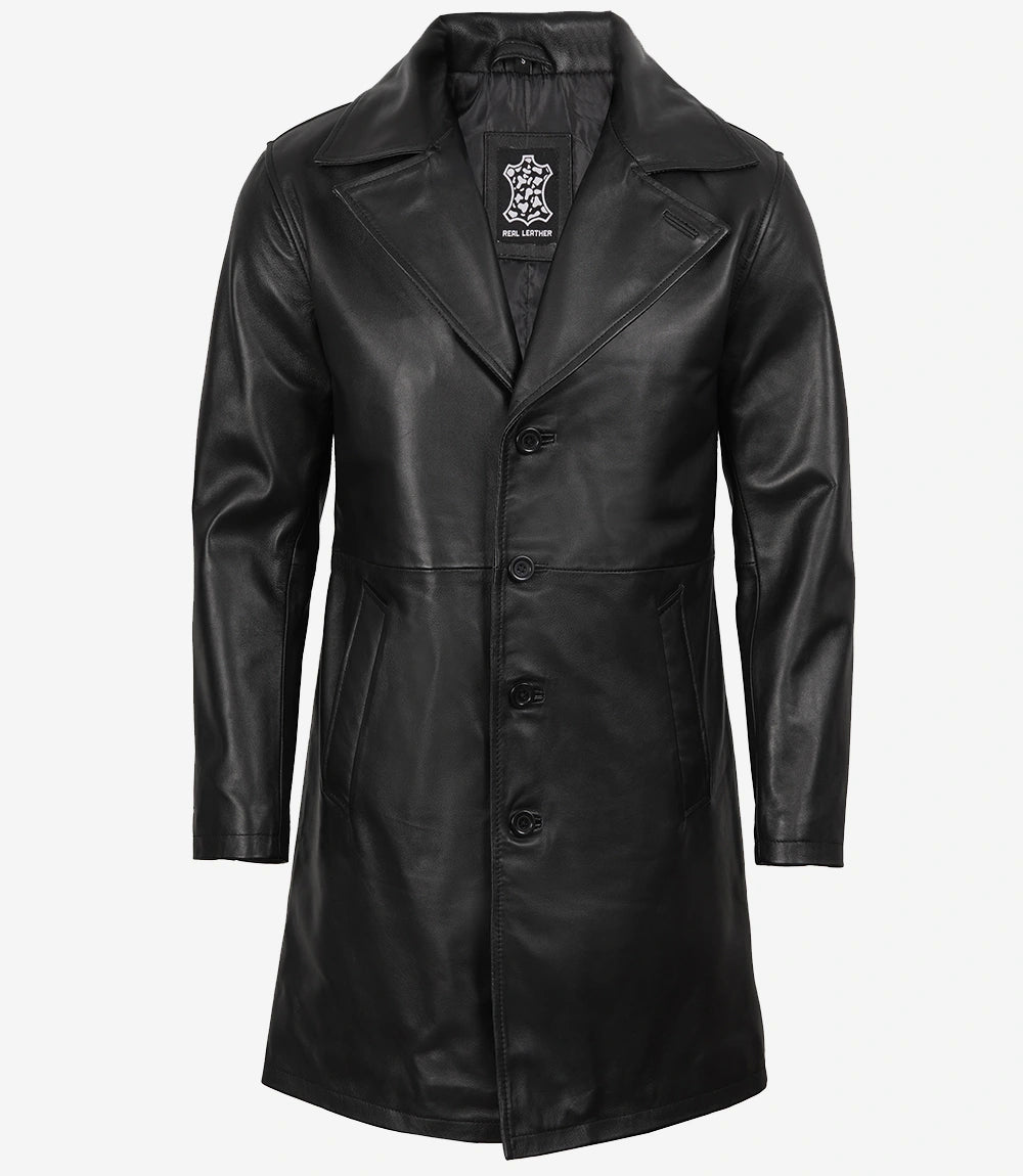 Men's 3/4 Length Black Lambskin Leather Coat