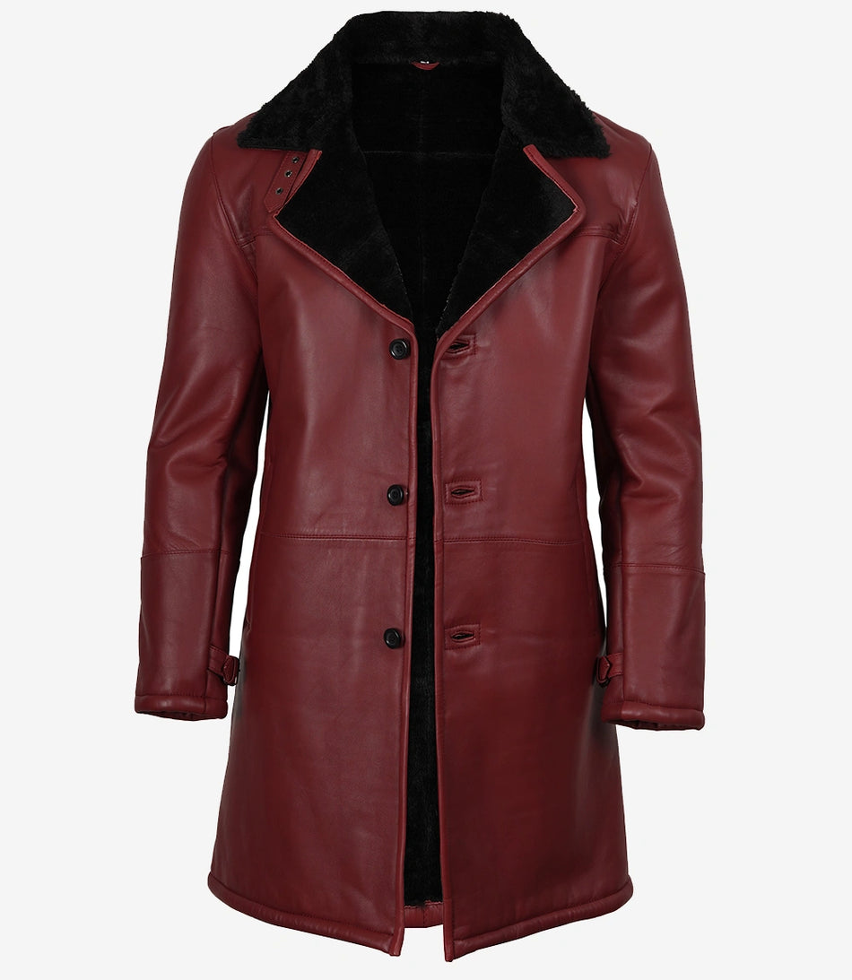 Men's Maroon Leather Coat with Black Shearling
