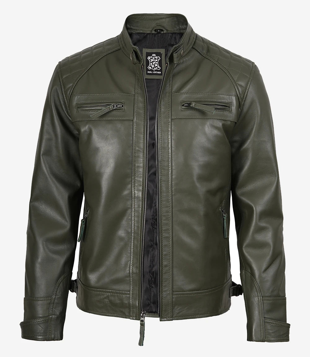 Mens Quilted Shoulder Olive Green Biker Style Leather Jacket