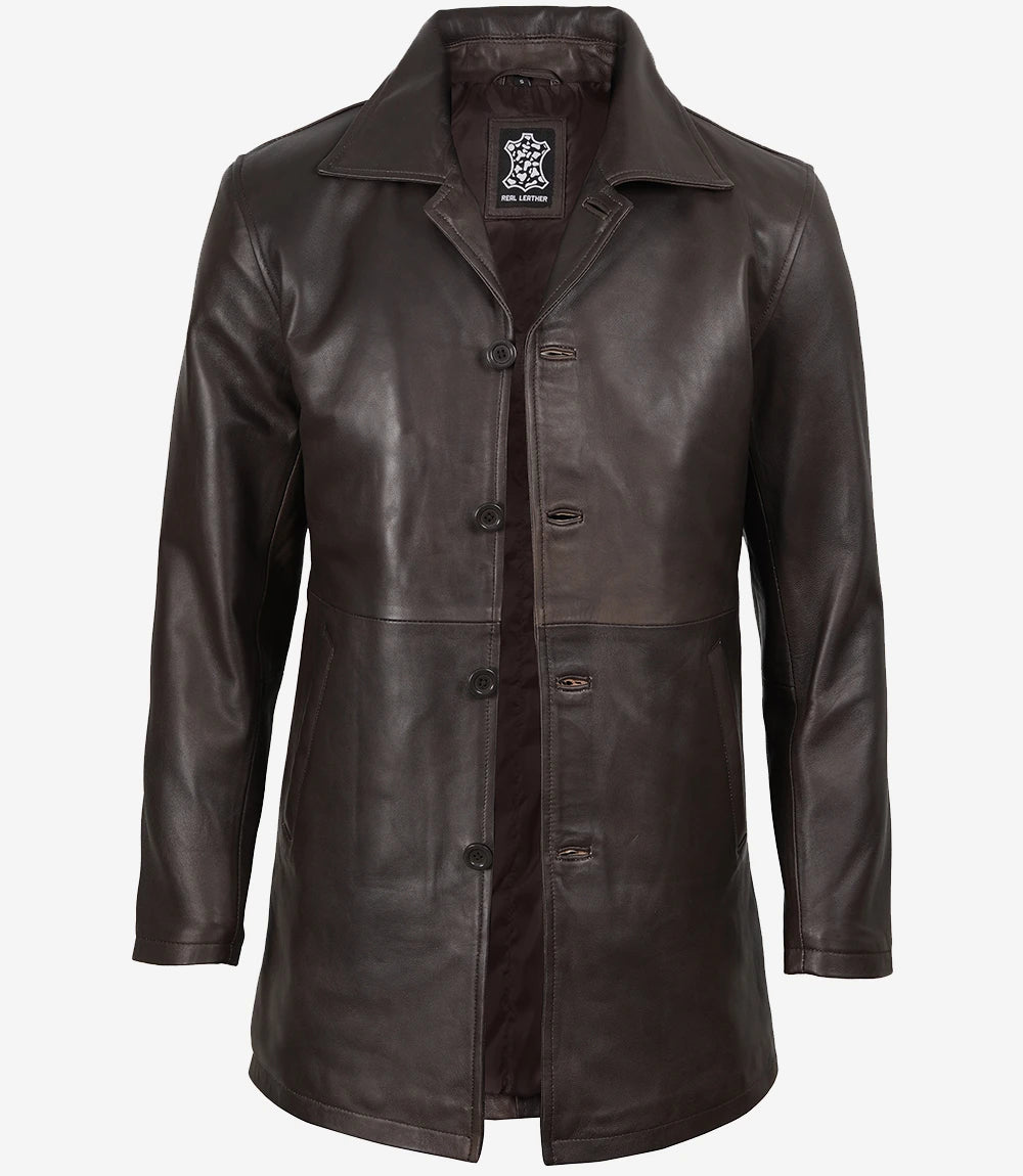 Men's Real Leather 3/4 Length Distressed Brown Coat