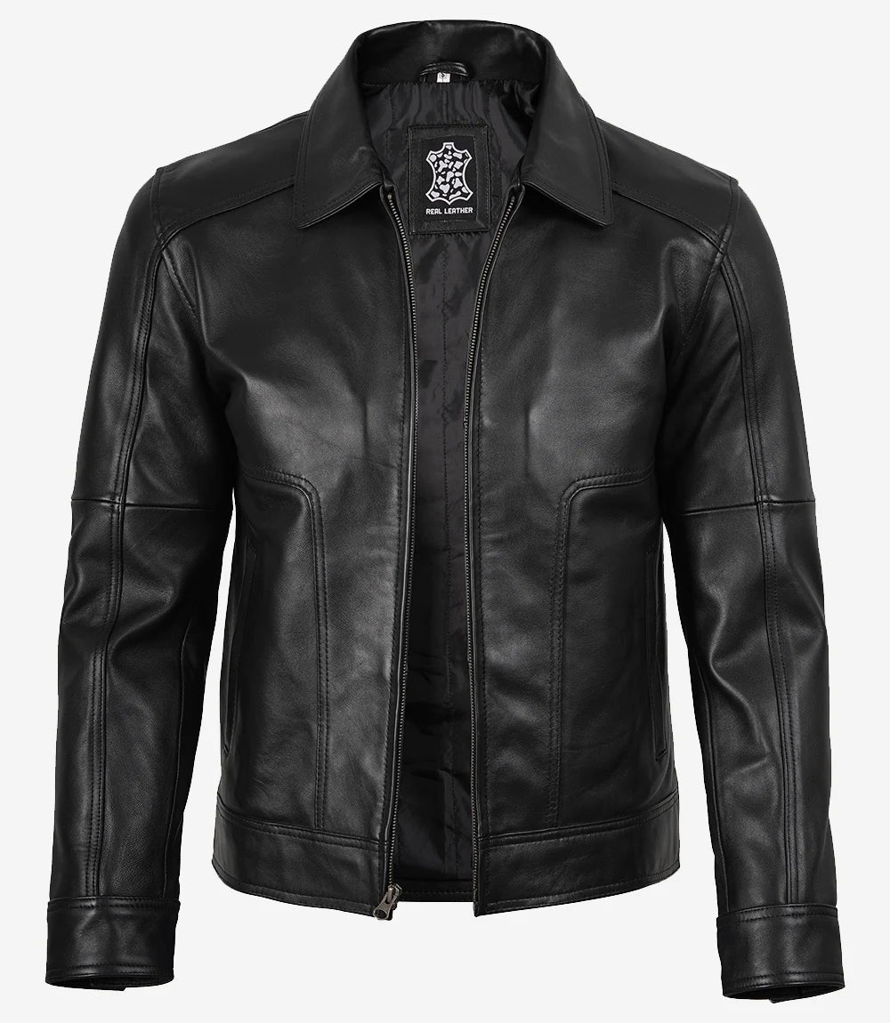 Men's Shirt Collar Classic Black Leather Jacket