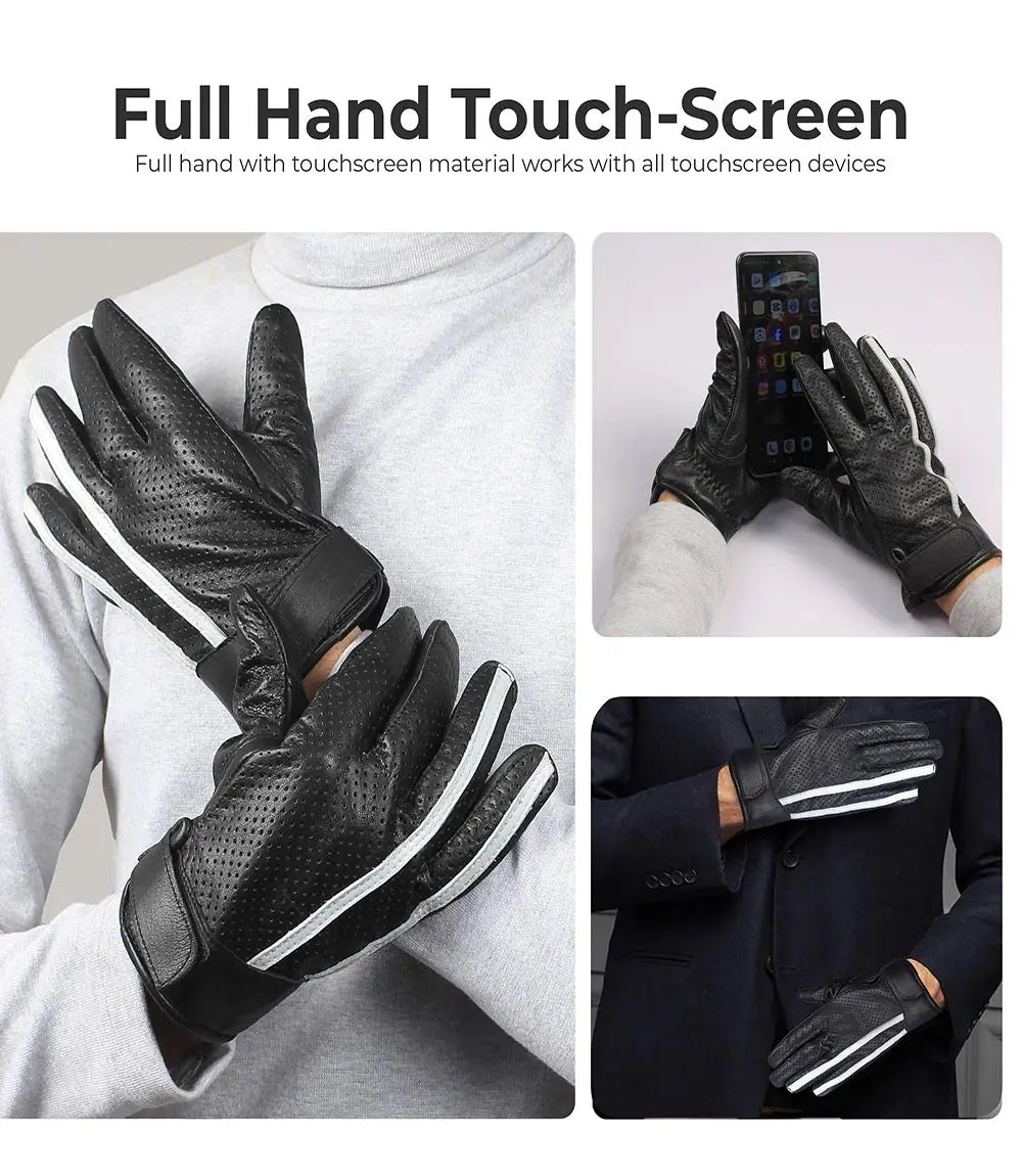 Mens White Stripe Perforated Black Leather Gloves